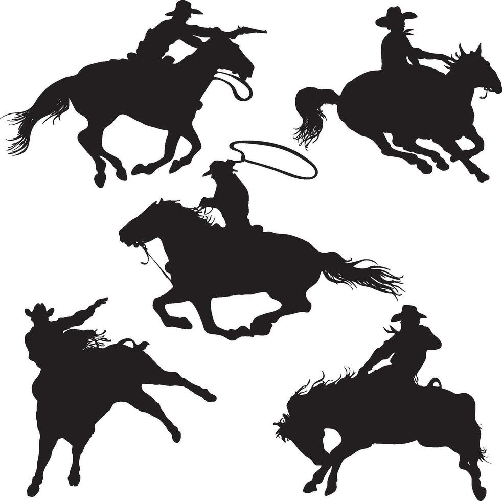 siluetas de vaqueros en un salvaje caballo vector