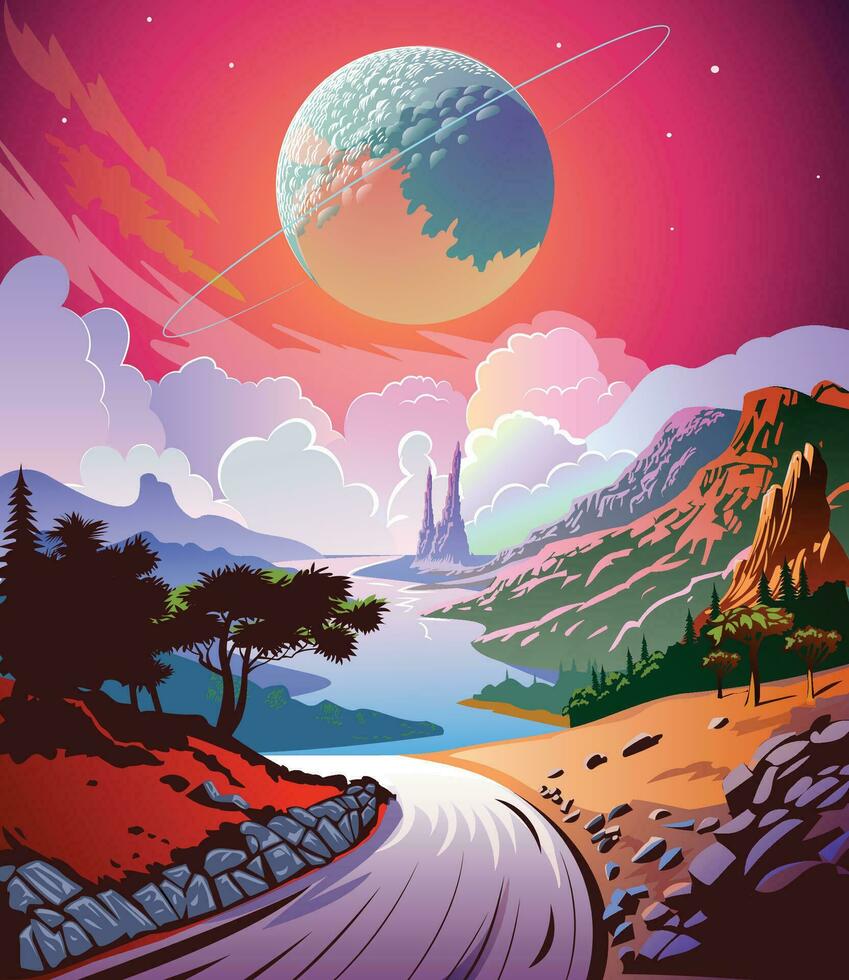 fantástico paisaje en exo planeta estilo póster libro gráficos 60s vector