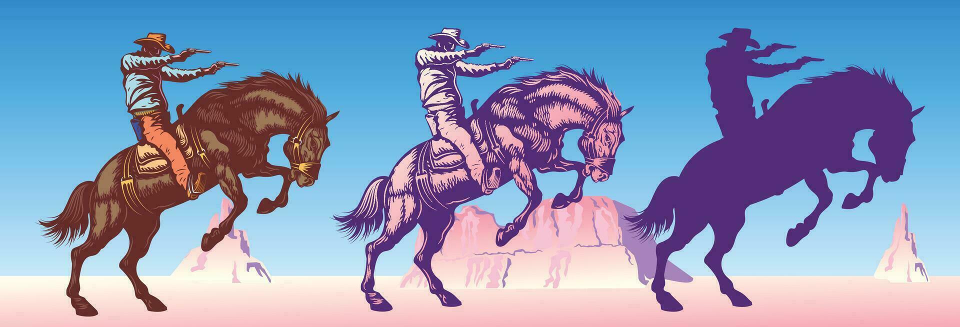 cowboy riding a wild horse mustang rounding a kicking horse vector