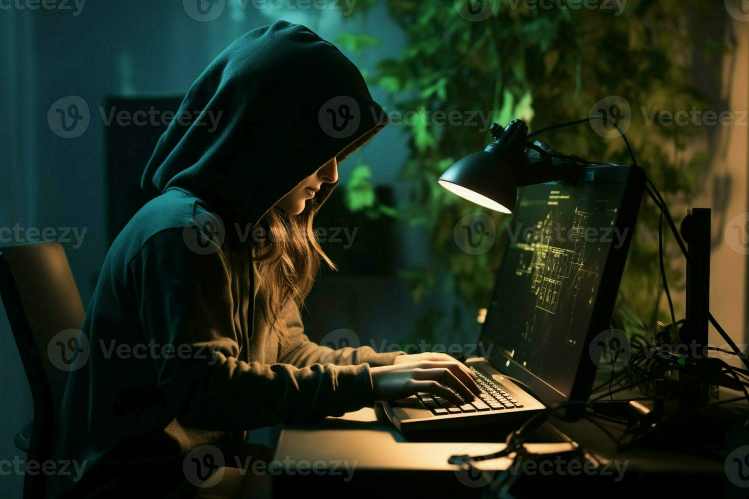 AI generated Intense cyber scenario Female hacker plants trojan, executes cyberattacks, identity theft photo