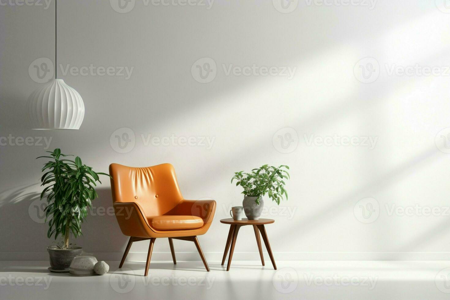 AI generated Chic interior elements Chair, lamp, plant on white background photo