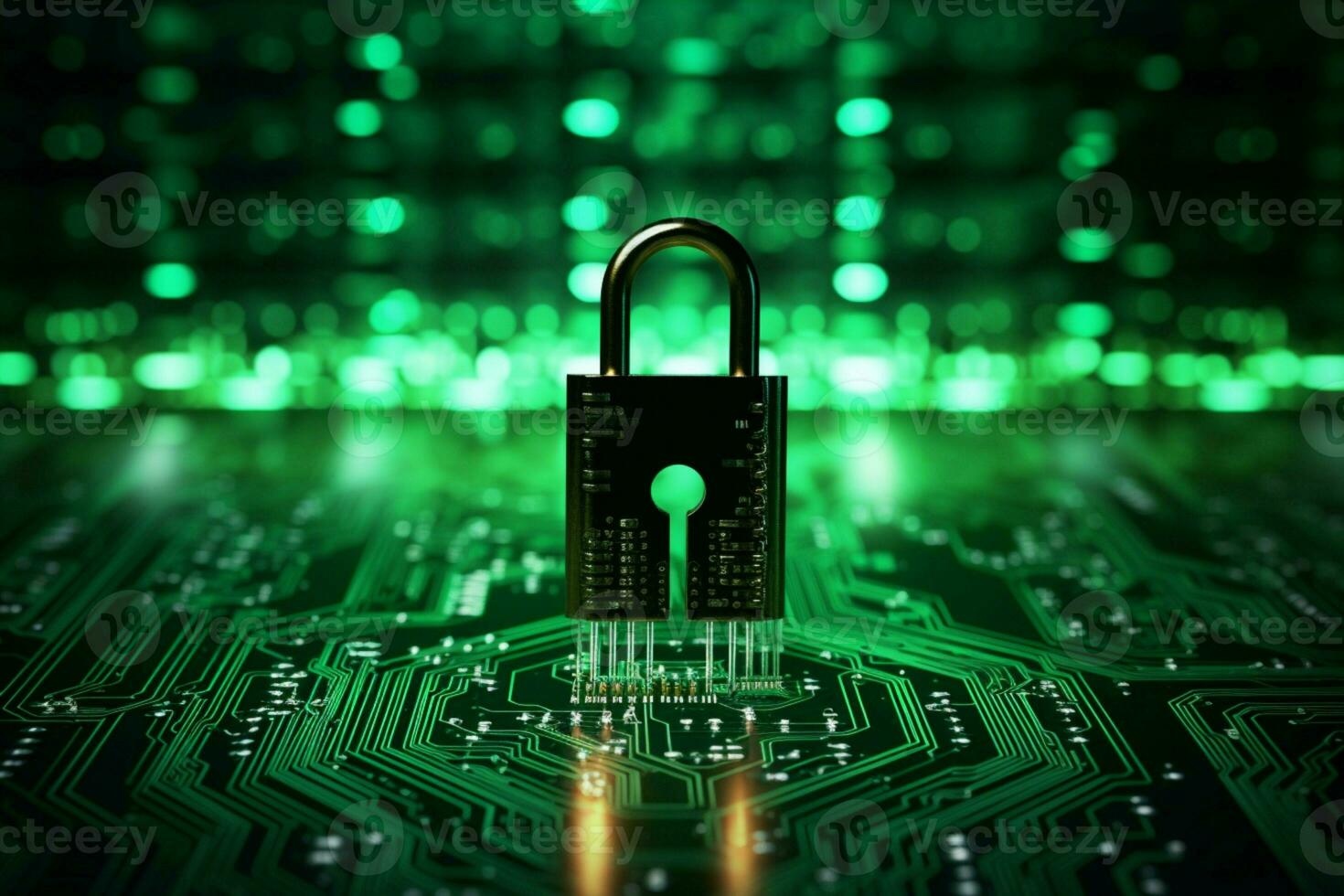 AI generated Digital security concept Key on green pixel code background for emphasis photo