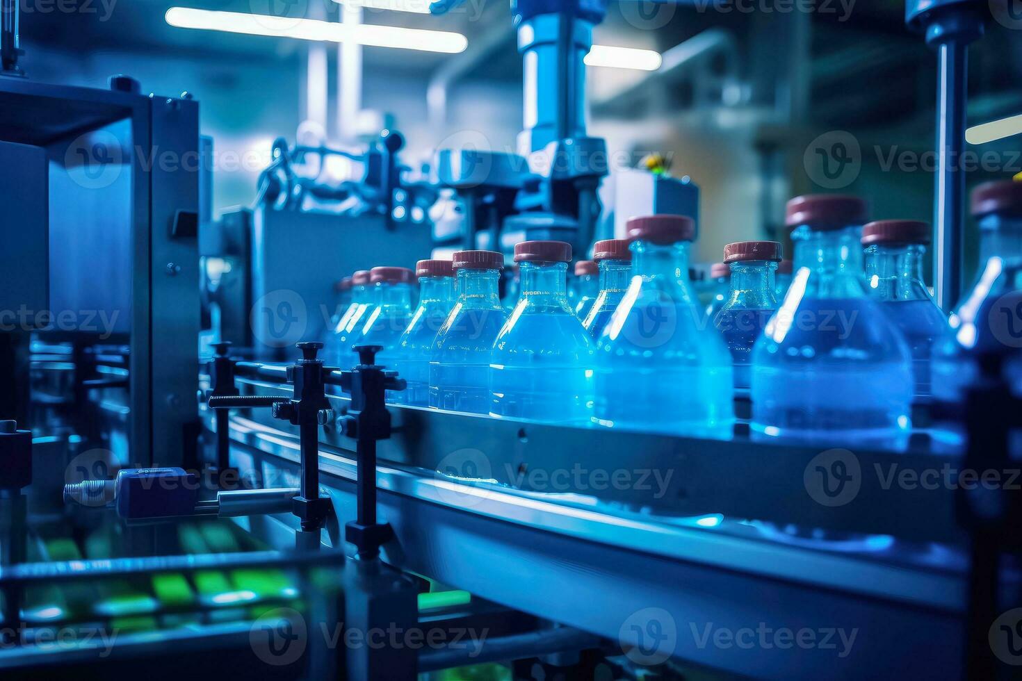 AI generated Conveyor belt , Beverage factory of fruit juice product for processing and bottling , AI Generative photo