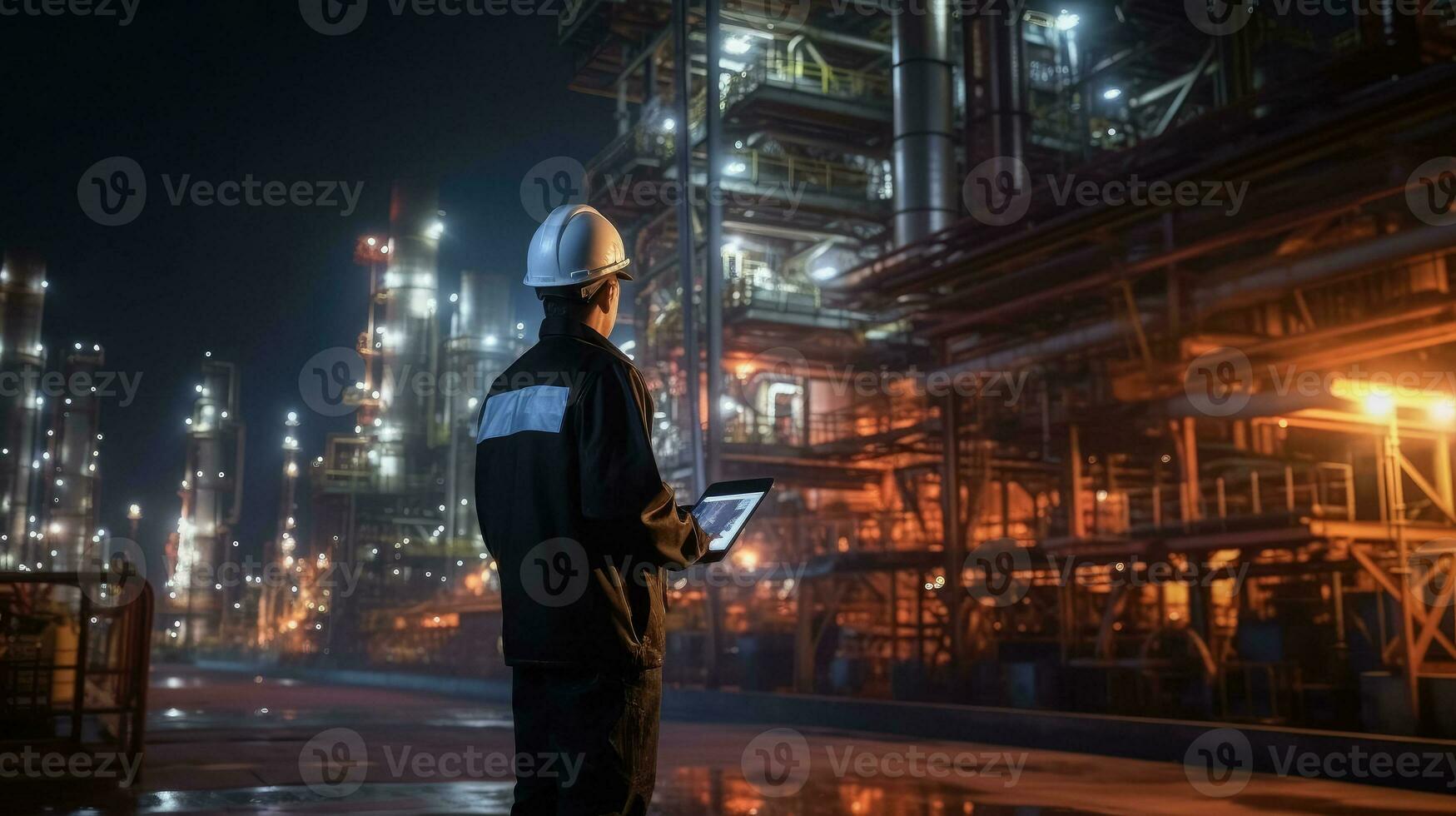 AI generated Engineering working hold smart tablet in the oil and gas industry at night , fuel and power generation, Petrochemical factory industry background , Ai generative photo