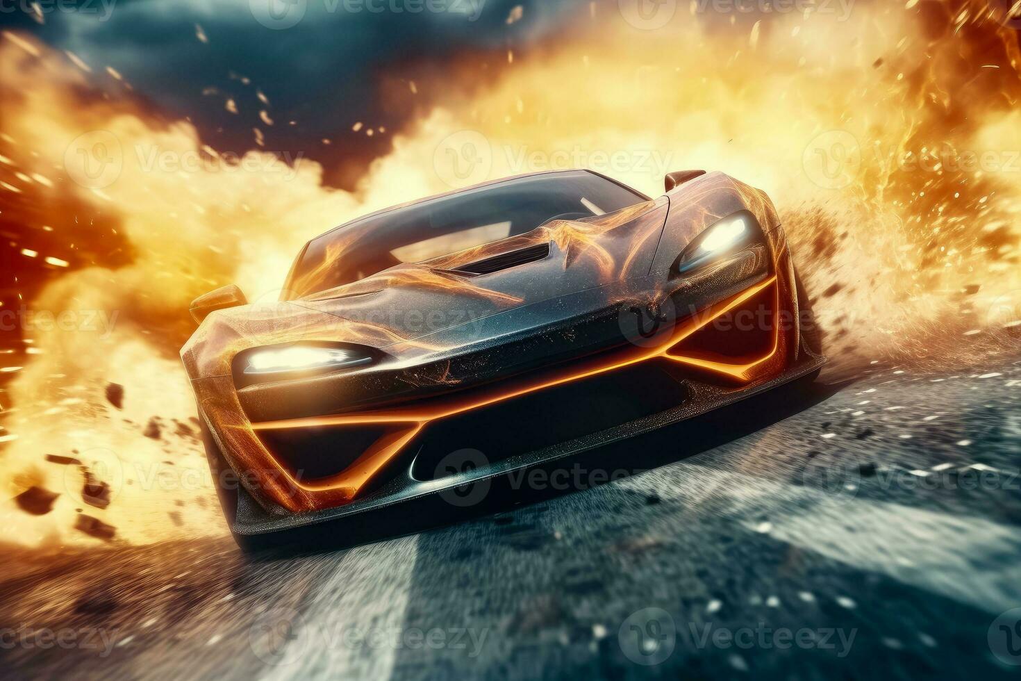 AI generated Sport Car Raceing on race track , Car drifting burning tires on speed track , AI Generative photo