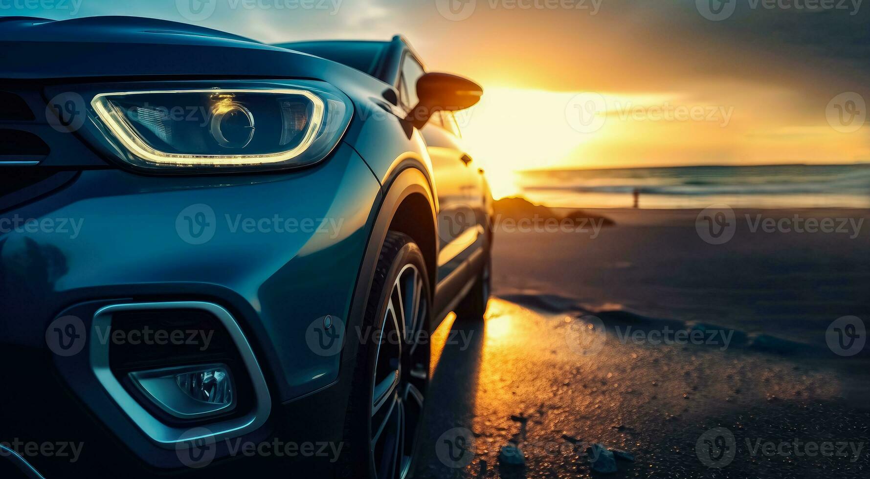 AI generated Compact SUV car and modern design on concrete road at the sea of beautiful sunset background , Front view of luxury new SUV car, AI Generative photo