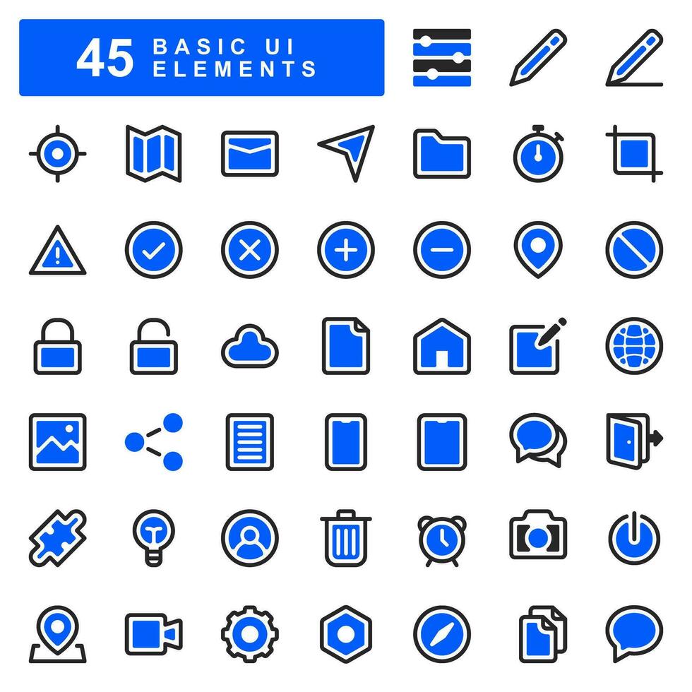 45 basic UI element icons in blue fill style, including home, app buttons, maps, time, share and more. Suitable for UI UX design needs, advertising, applications and social media. vector