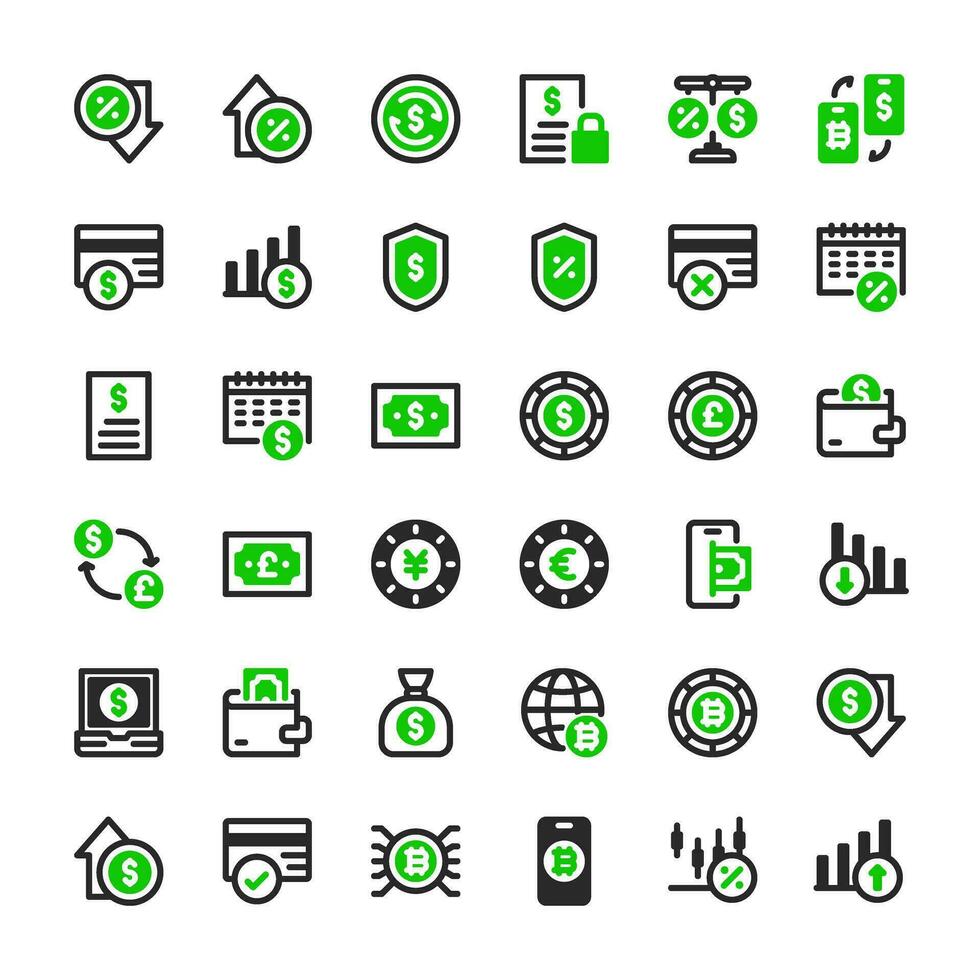 36 financial icons in line dual tone style, including money, investment, graph, cash, currency, business and more. vector