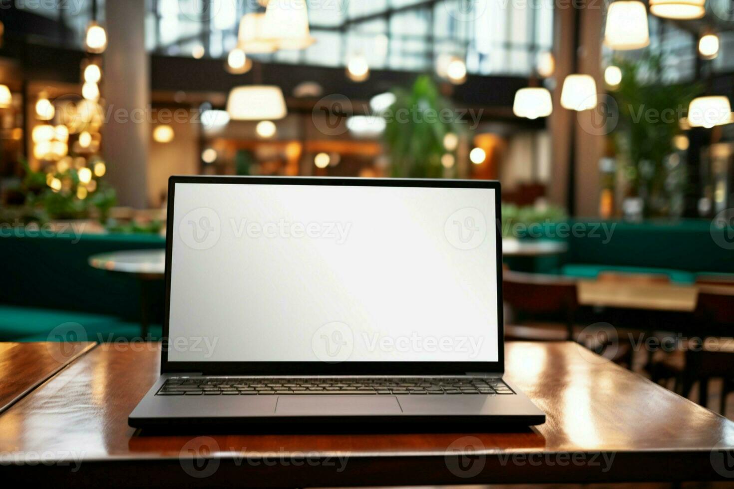 AI generated On the go workspace Laptop in hotel reception with mockup blank screen photo