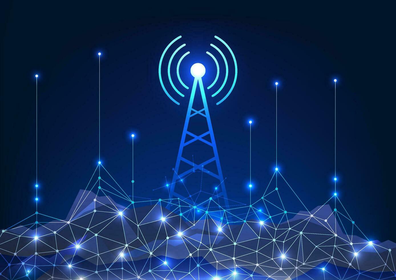 Transmission technology Transmission towers that send data waves to mobile phones, internet access, communication Transmission towers located on the mountain with connecting lines vector