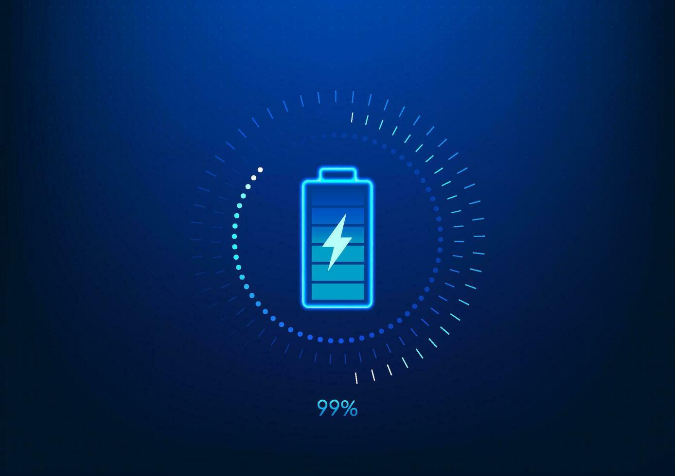Battery technology background Screen with battery with technology circle surrounding it that is charging energy as reserve energy Show percentage of charge Wallpaper game screen. Vector illustration.