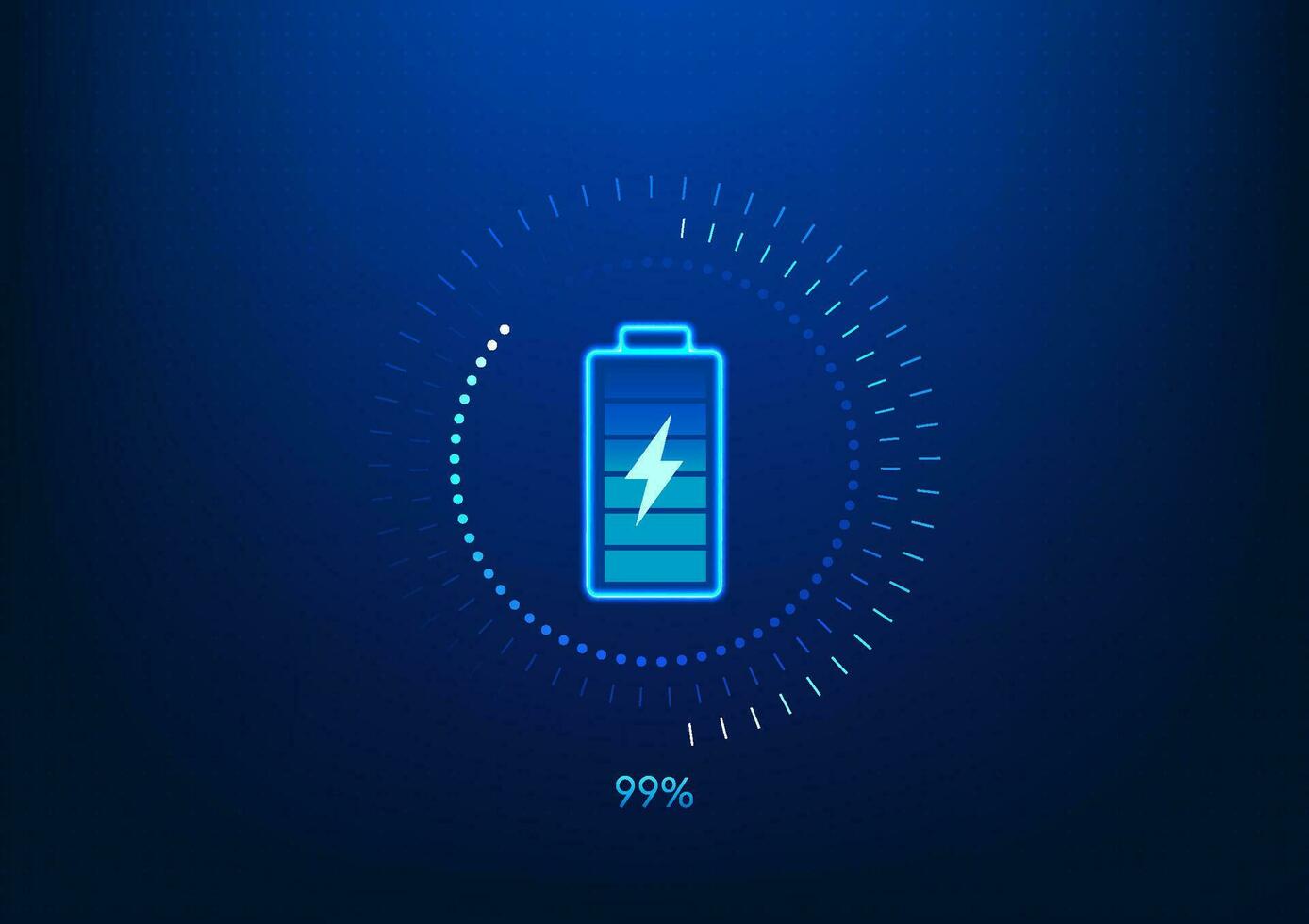 Battery technology background Screen with battery with technology circle surrounding it that is charging energy as reserve energy Show percentage of charge Wallpaper game screen. Vector illustration. ...
