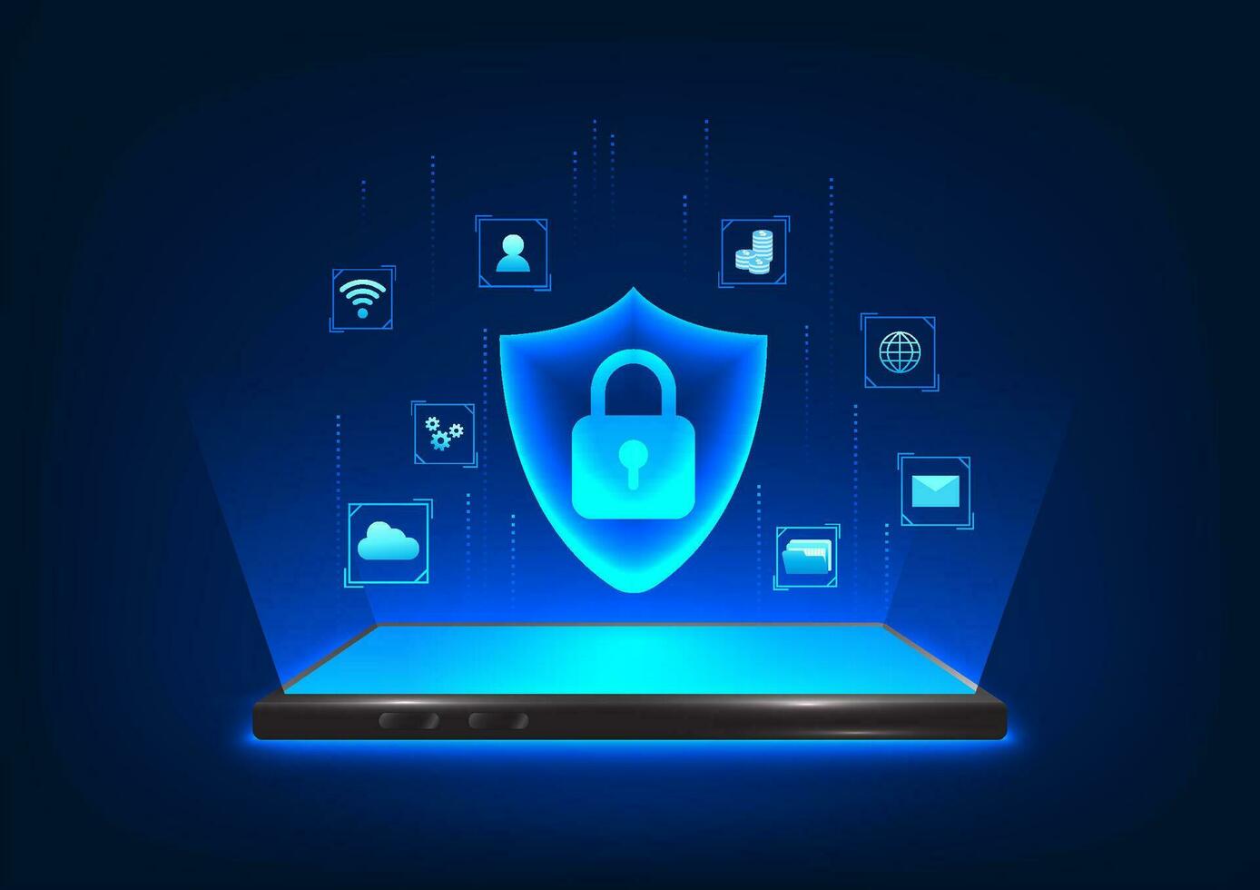 Cyber security technology background, cyber data protection technology of smartphone system Protect the center from being lost or stolen. Smartphone screen showing lock and shield with connected icons vector