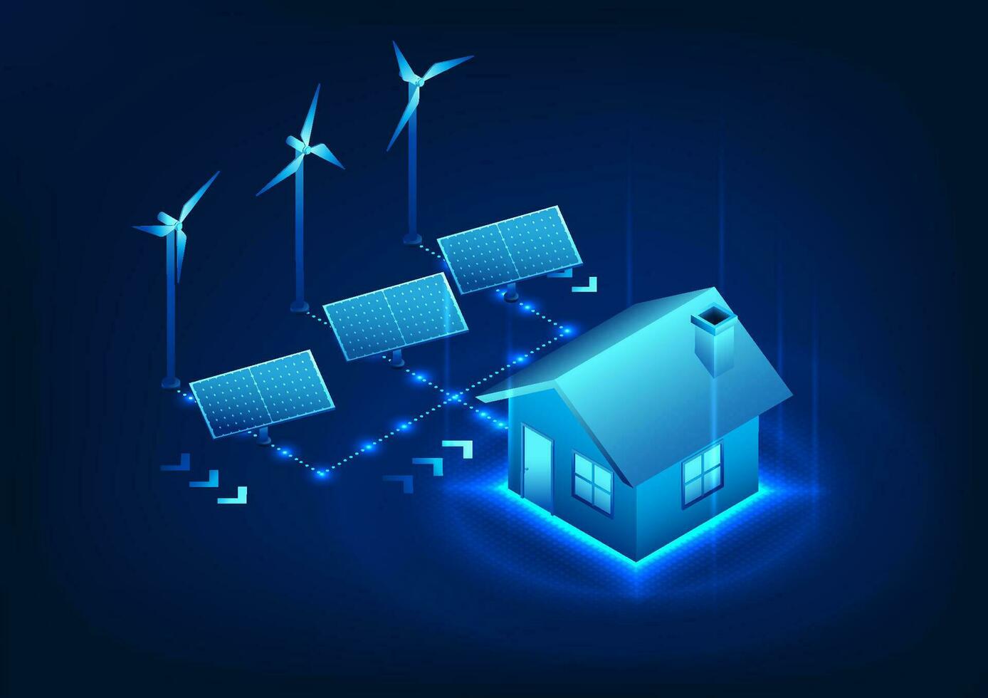 Renewable energy technology Electrical energy obtained from nature Wind energy from wind turbines Solar energy from solar cells where electricity enters homes, cities, and industrial factories vector