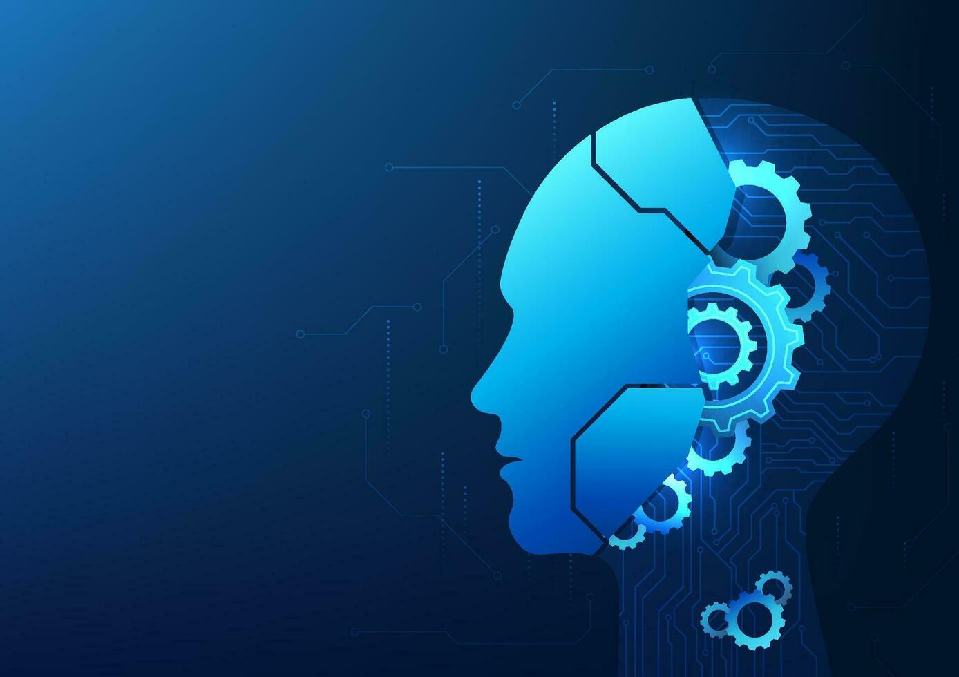 Artificial intelligence technology A robot with an AI brain that learns information and responds to user needs. The robot's brain is a cog with a technological circuit that connects information. vector