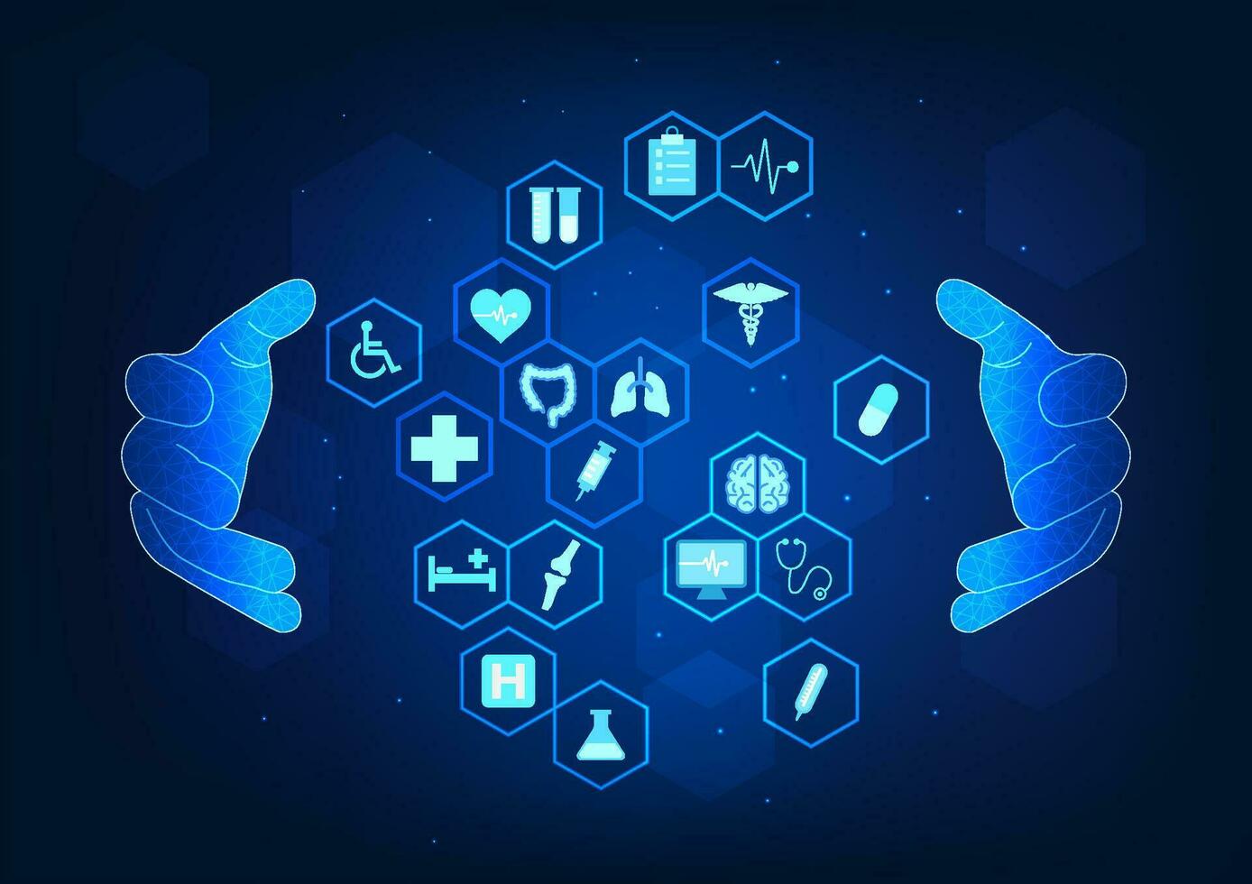 Medical technology background Modern medicine uses technology to help doctors treat, diagnose disease,and assess health Let the patient recover from his illness Two doctor's hands holding medical icon vector