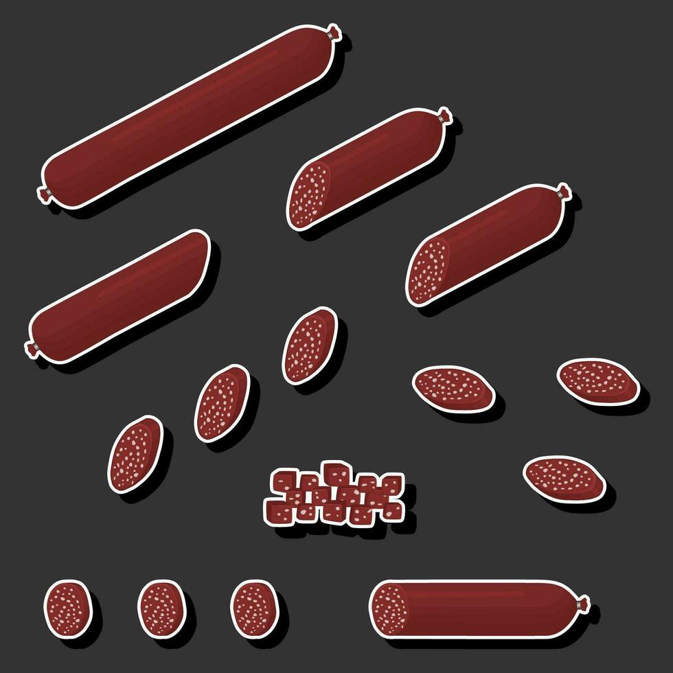 Illustration on theme big set different types delicatessen meat sausages vector