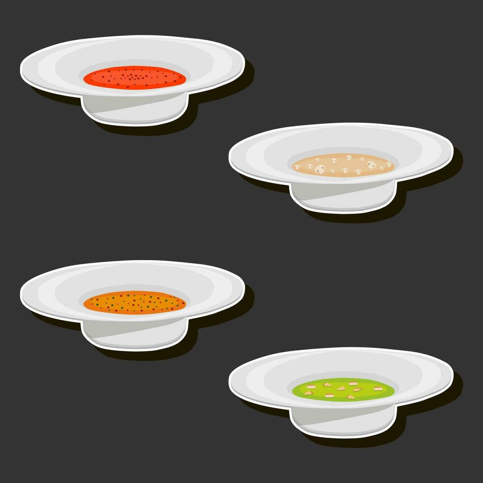 Illustration on theme big set various types beautiful tasty edible hot homemade soups vector