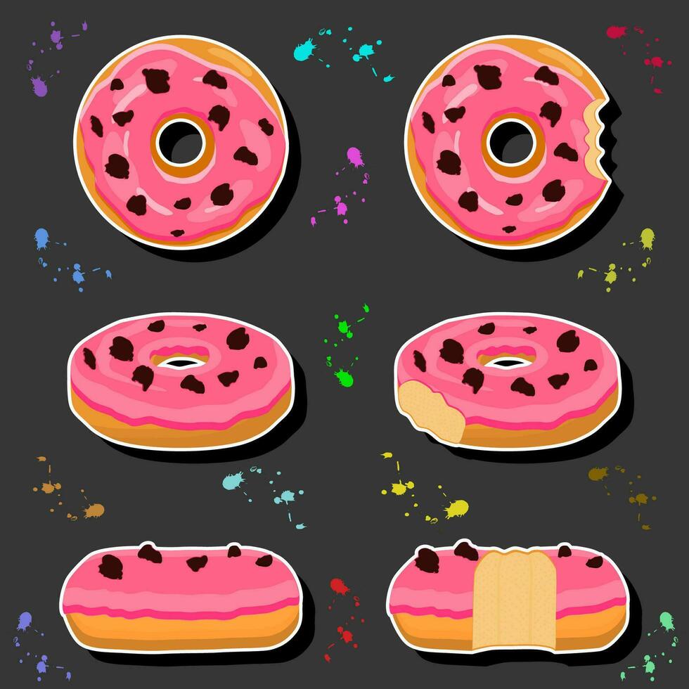 Illustration on theme big set different types sticky donuts, sweet doughnuts various size vector