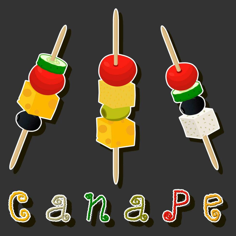 big set various types beautiful tasty canape vector