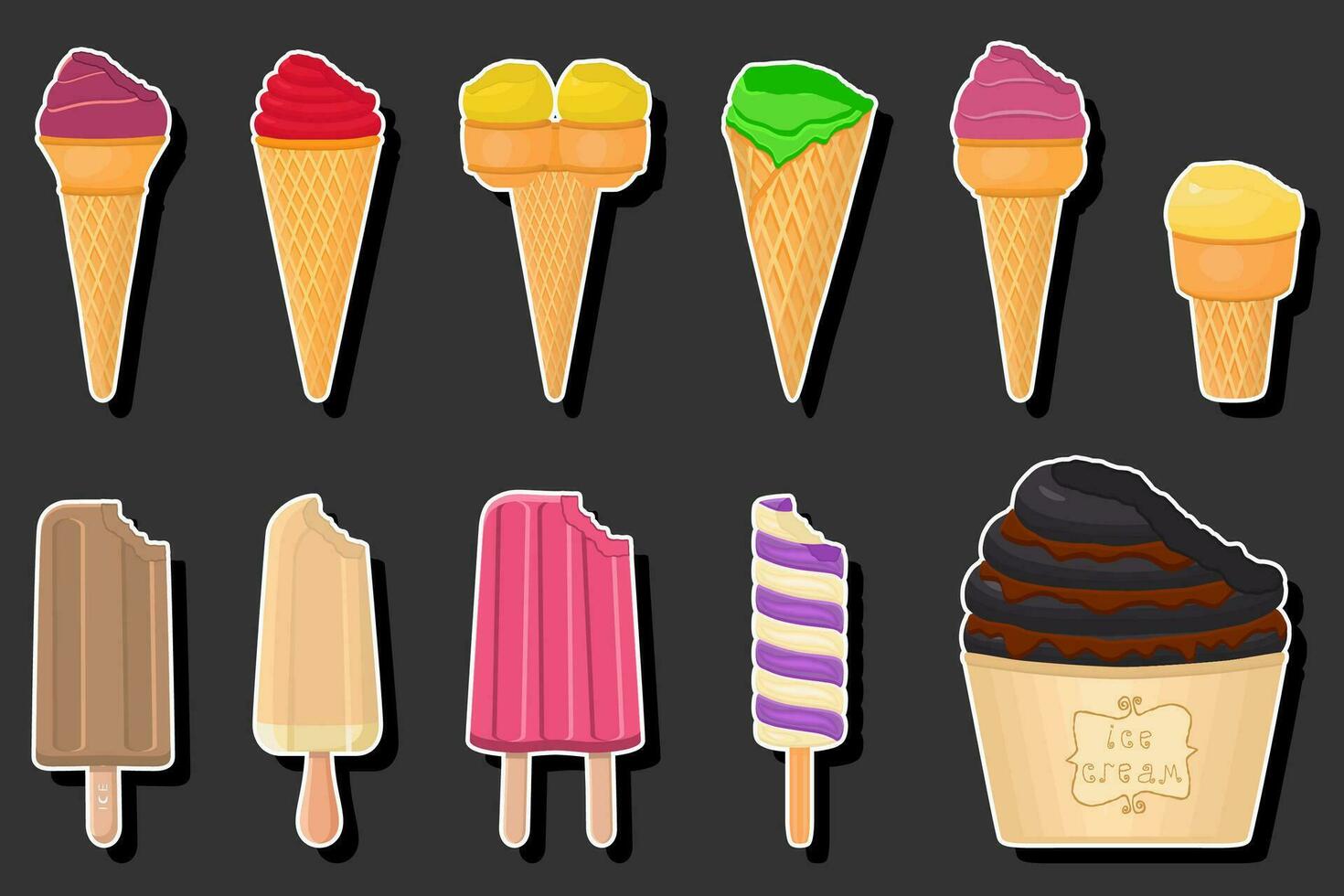 Illustration on theme big kit ice cream different types in cone waffle cup vector