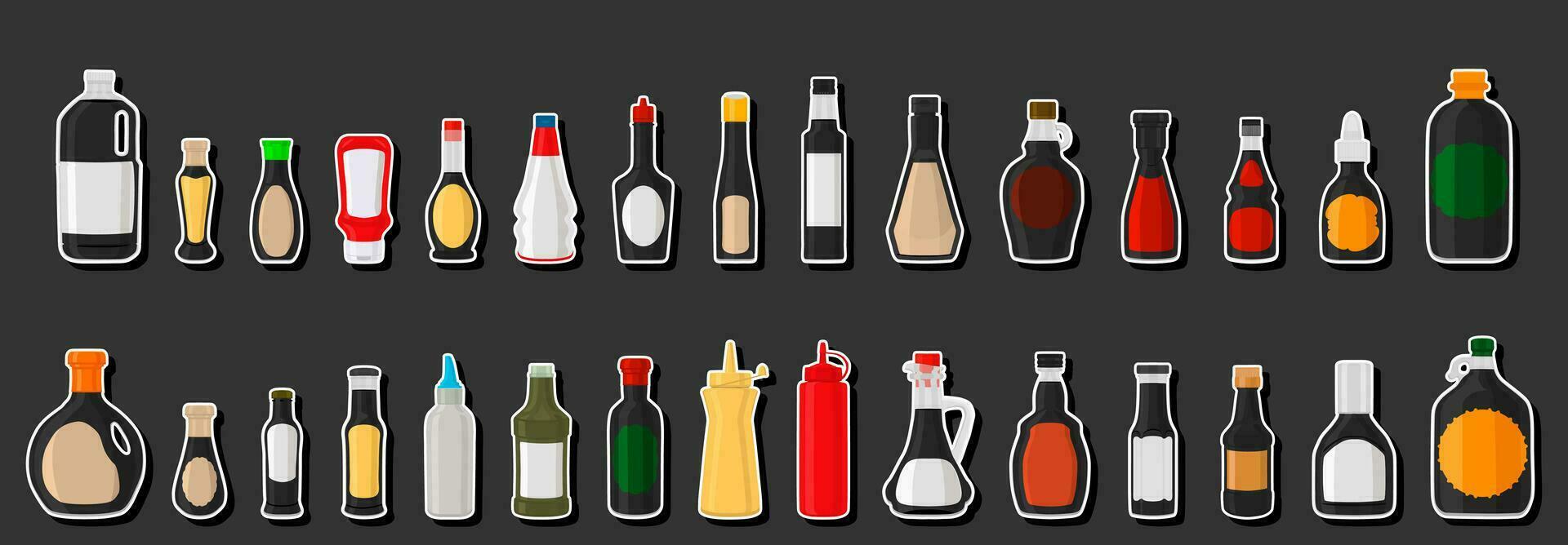 Illustration on theme big kit varied glass bottles filled liquid soy sauce vector