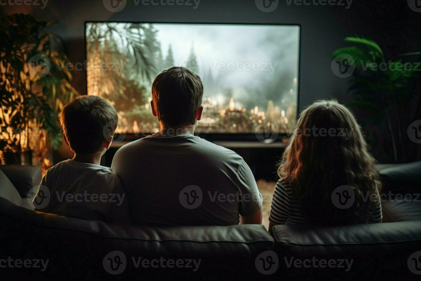 AI generated Relaxed family view Young friends watching TV in living room photo