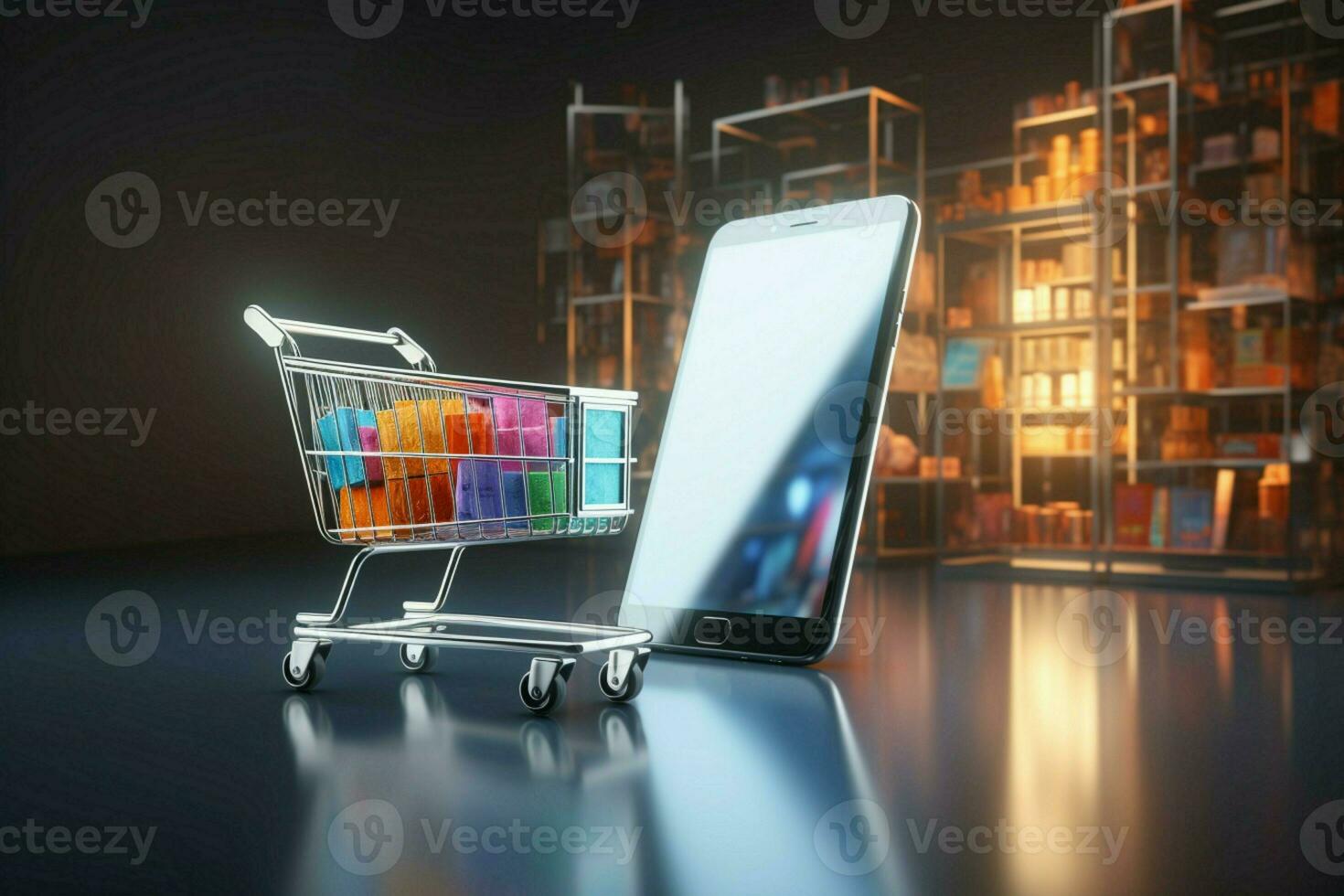 AI generated Digital retail Shopping cart and phone in 3D rendering format photo