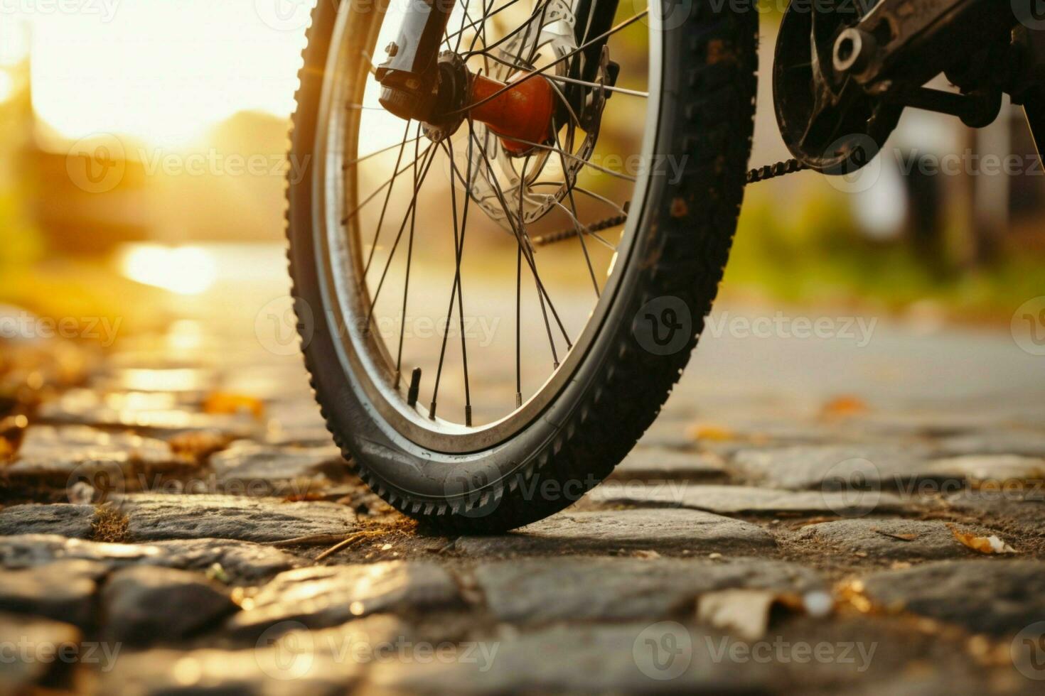 ai generado bicicleta plano neumático cerca arriba esperando para reparar por el la carretera foto