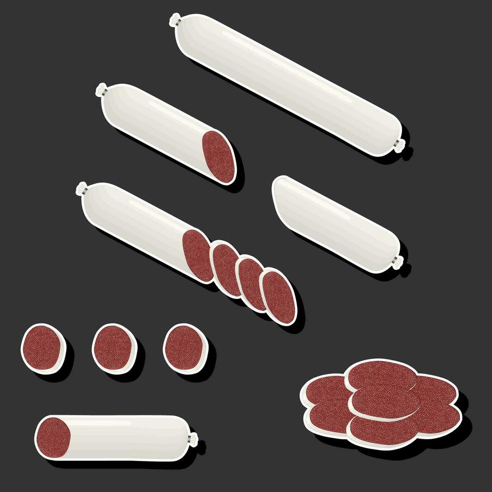 Illustration on theme big set different types delicatessen meat sausages vector