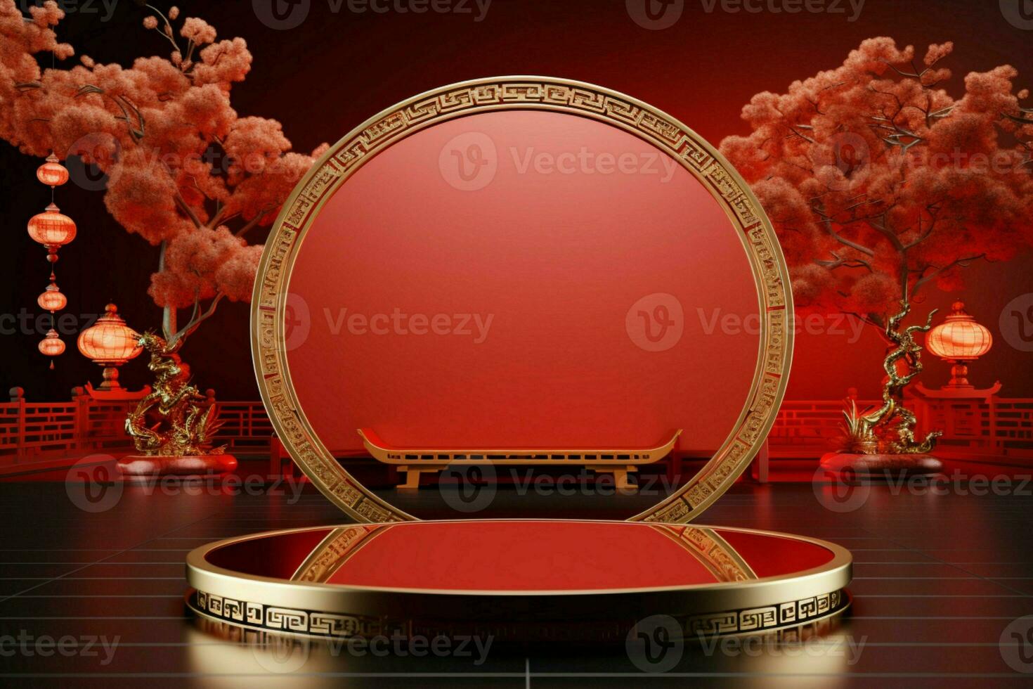 AI generated Modern 3D Chinese New Year banner smartphone, lantern, festive celebration photo