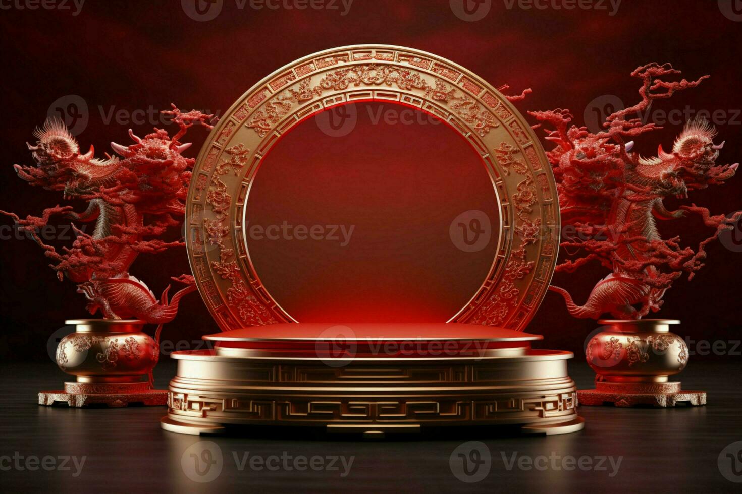 AI generated Sleek 3D podium Chinese New Year, festivals, mid autumn, red gold theme photo