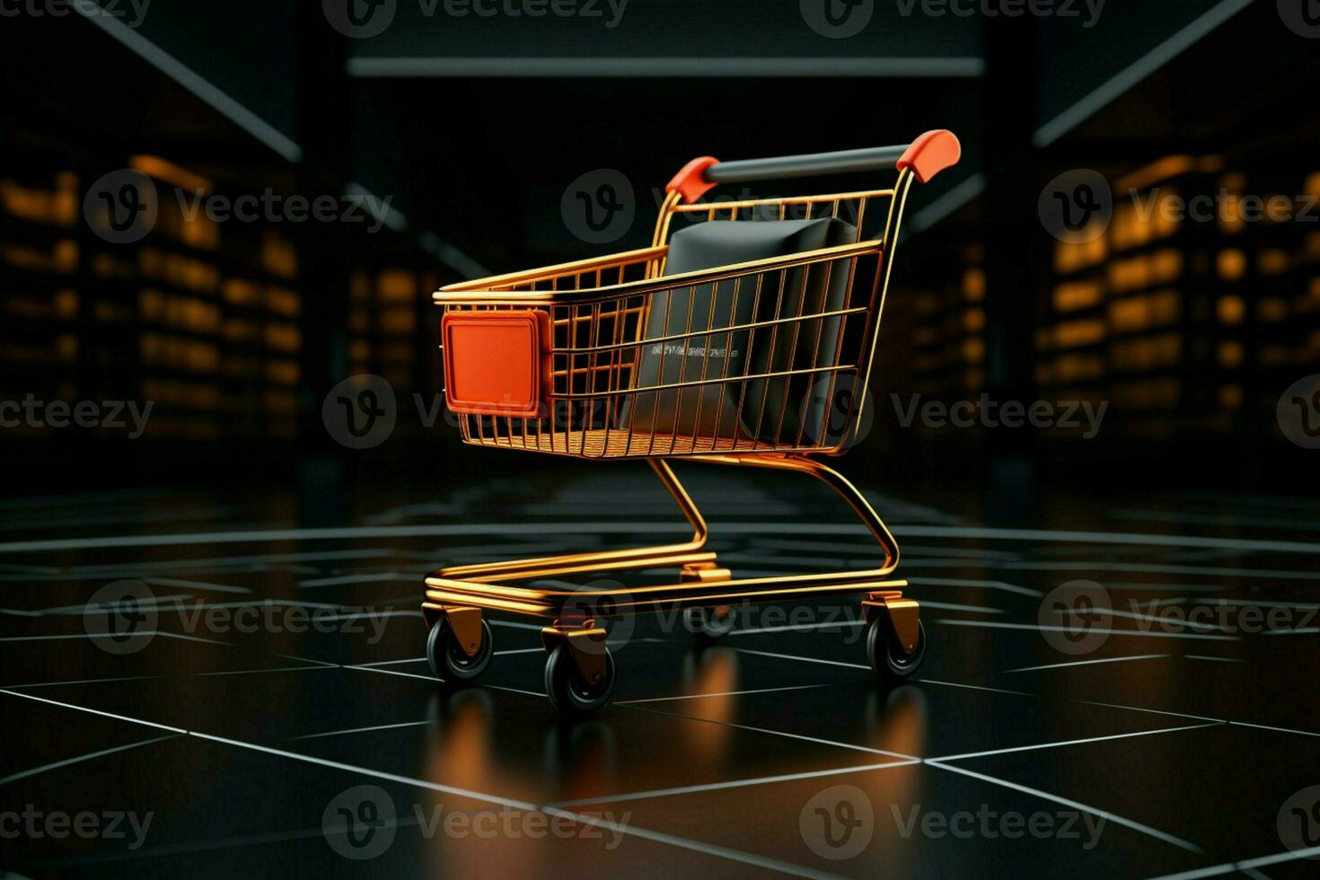AI generated Product presentation Shopping cart on black podium, Black Friday theme photo