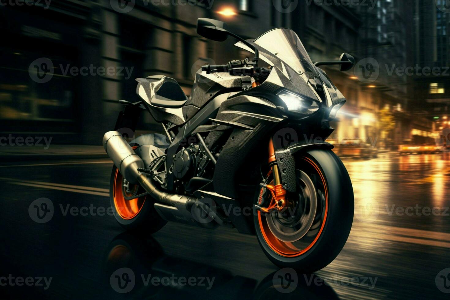 AI generated EBR racing motorcycle in an urban environment with motion blur photo