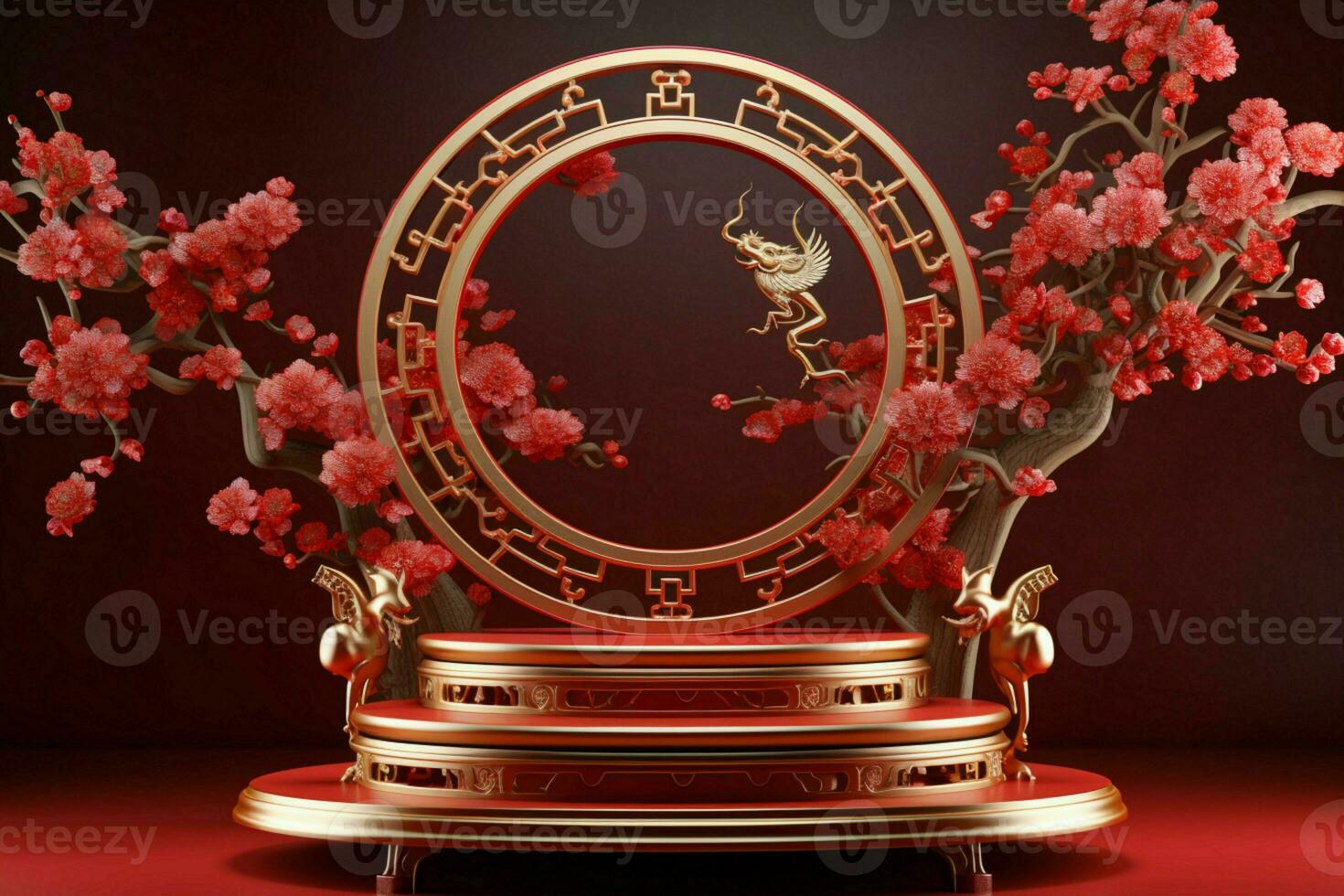 AI generated Fashionable 3D podium Chinese New Year, mid autumn, red gold celebration photo