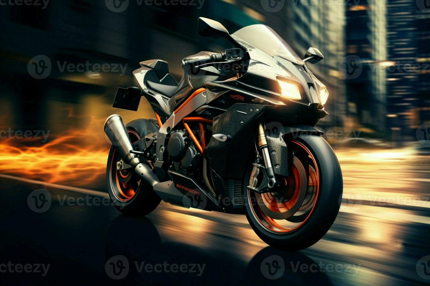 AI generated EBR racing motorcycle in an urban environment with motion blur photo