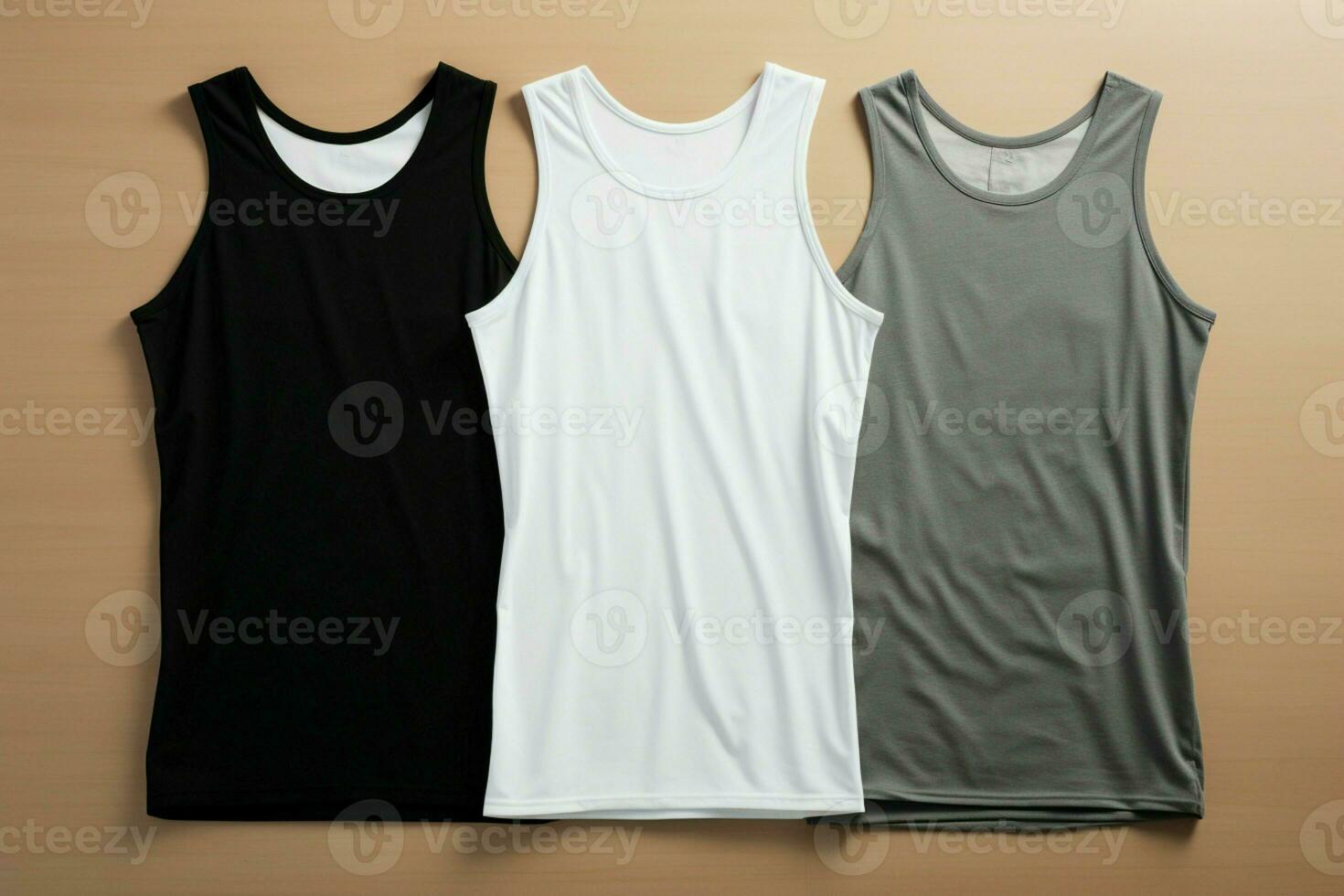 AI generated Versatile set White, grey, and black sleeveless shirts mock up photo
