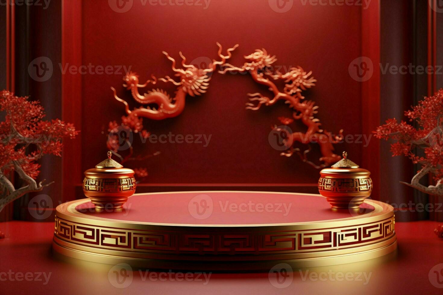 AI generated Luxurious 3D scene Chinese New Year with dragon, lantern, floral elements photo