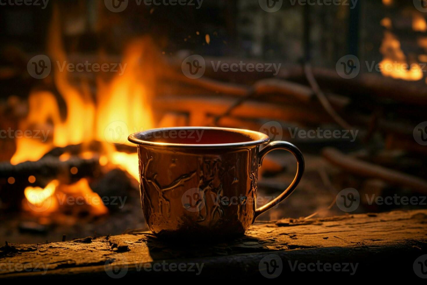 AI generated Cozy wilderness scene Steaming coffee cup by the campfire glow photo