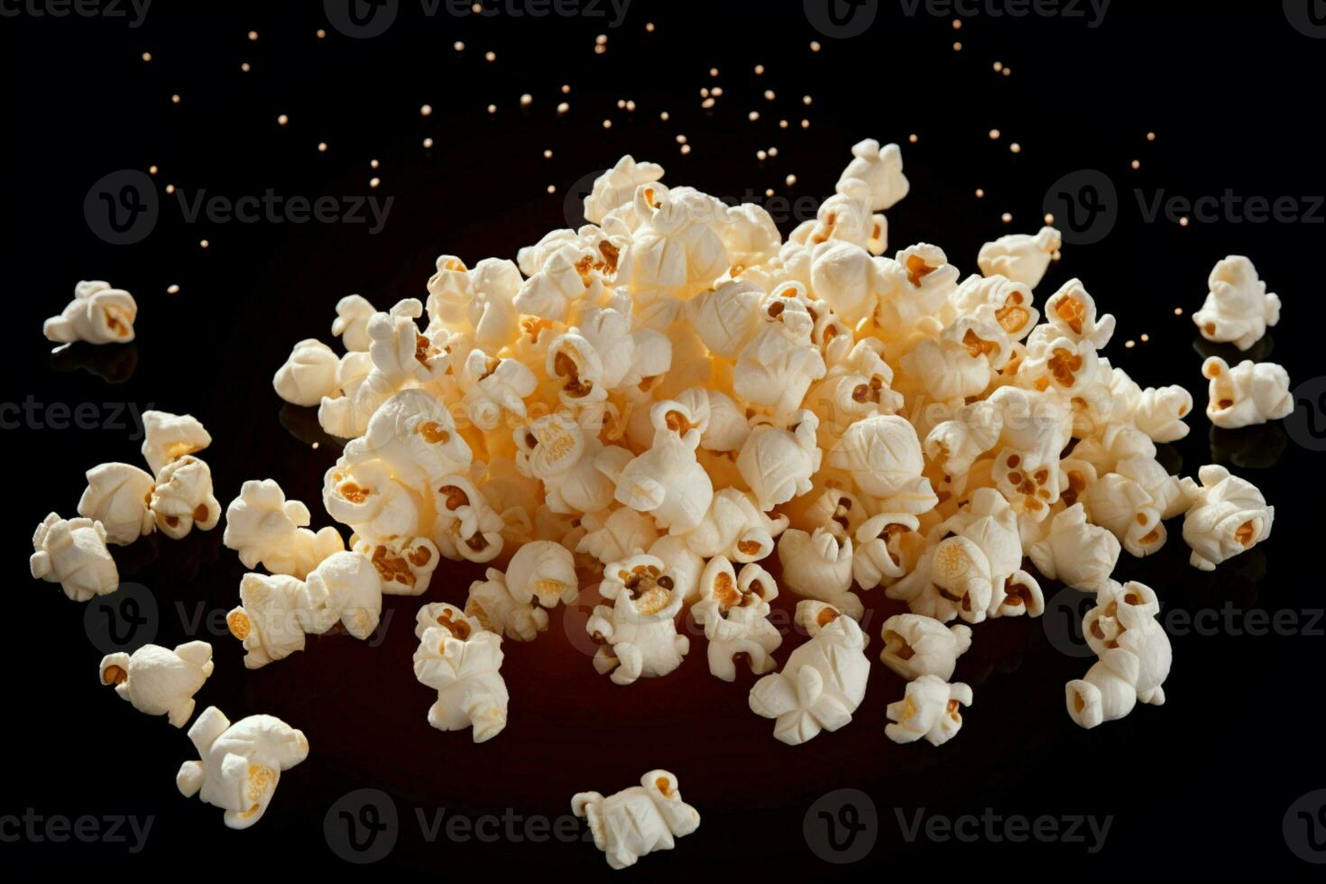 AI generated Flying delight Popcorn isolated on black background, close up snapshot photo