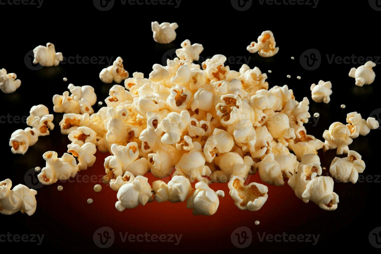 AI generated Flying delight Popcorn isolated on black background, close up snapshot photo