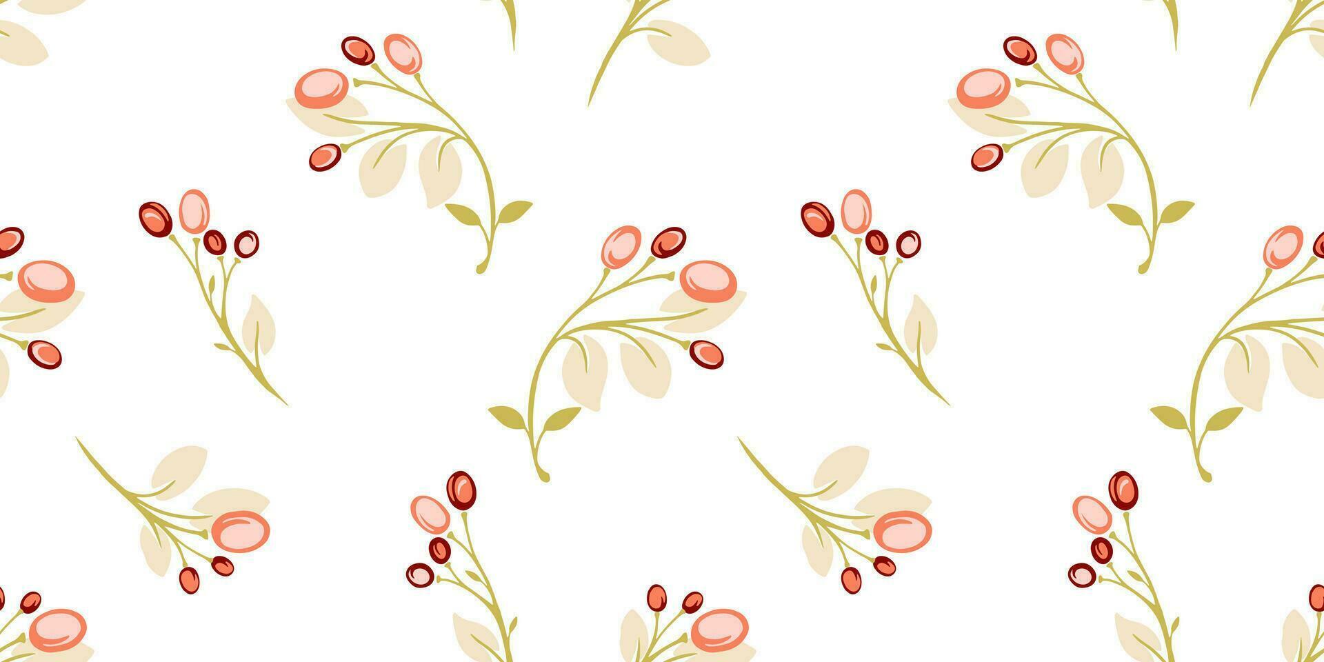 Minimalistic, seamless pattern with orange berries and leaves. Vector hand drawn colored decorative twigs leaf with randomly scattered drops