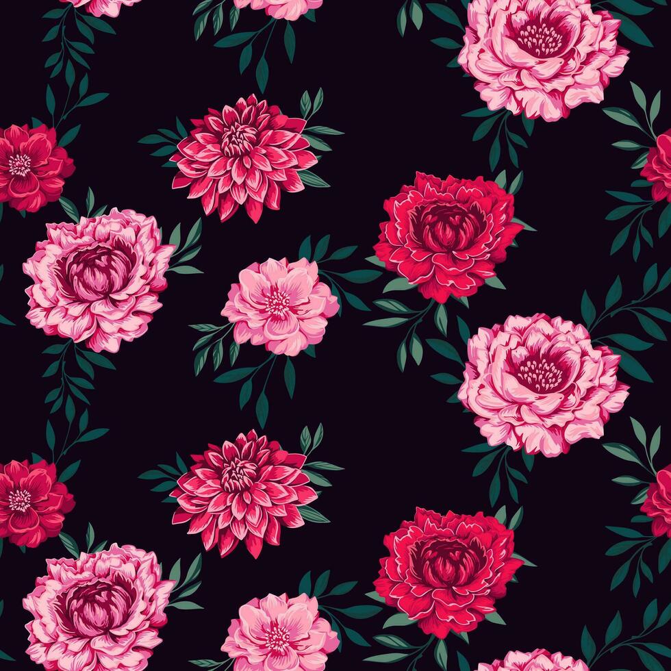 sin costura artístico modelo con flores peonias, dalias con hojas. vistoso rojo, rosado floral en un oscuro negro antecedentes impresión. vector mano dibujado. modelo para textil, moda, tela, fondo de pantalla
