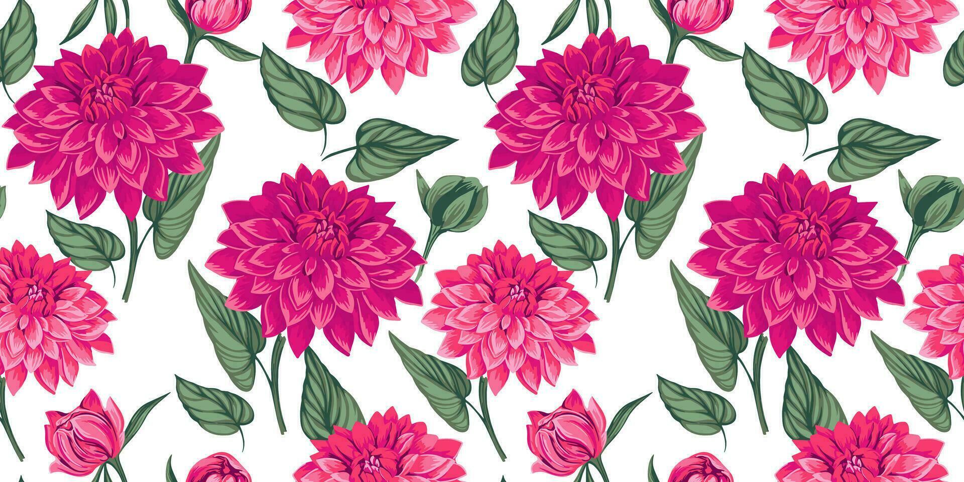 Seamless artistic floral dahlias with leaves pattern on a white background. Vector hand drawn.  Beautiful pink rose, rosy flowers printing. Template for textile, fashion, fabric, wallpaper