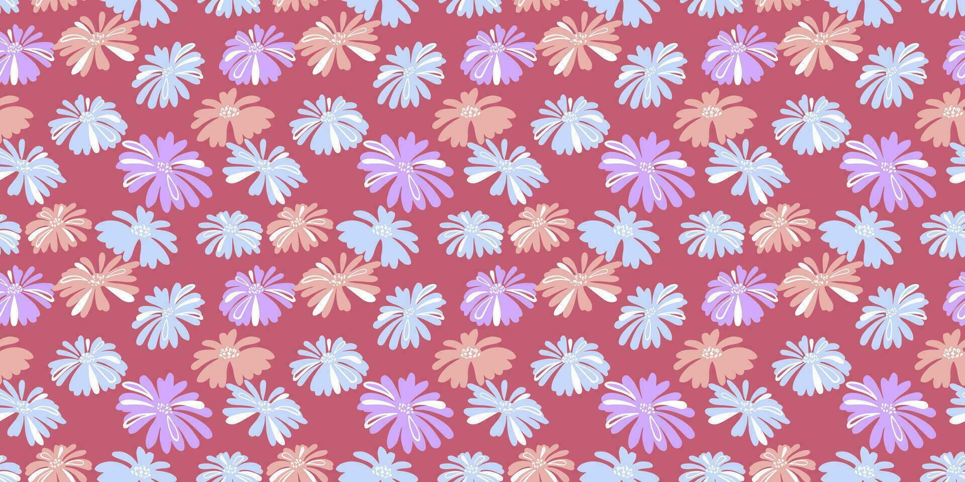 Colorful, simple  seamless summer floral pattern. Vector hand drawn sketch doodle. Trendy, abstract, shape, flowers print. Design ornament for fabric, textile, fashion, wallpaper, surface design