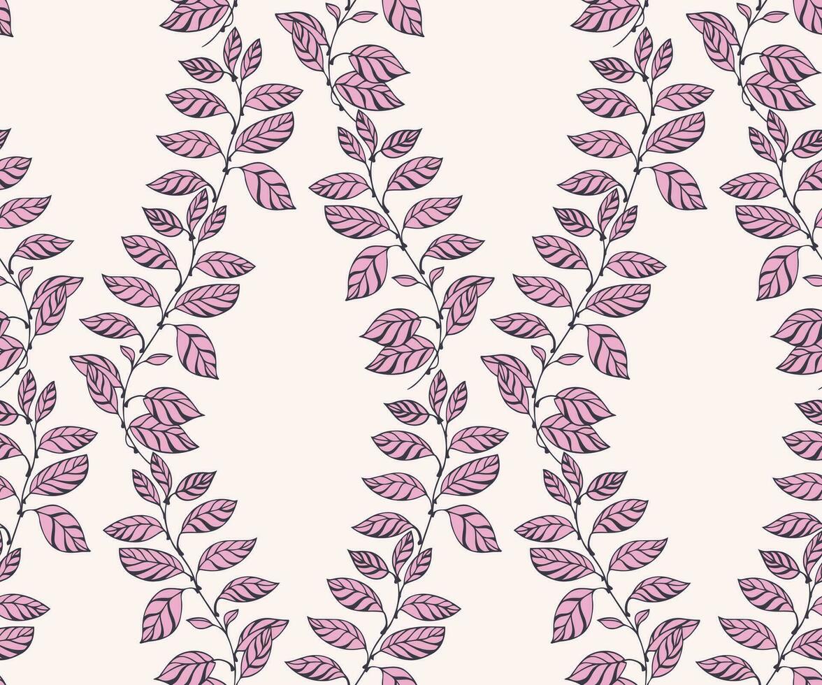 Artistic stylized branches leaves intertwined in a seamless pattern on a light background. Vector hand drawn. Abstract tropical graphics pink leaf stems print. Design for textile, fashion, fabric