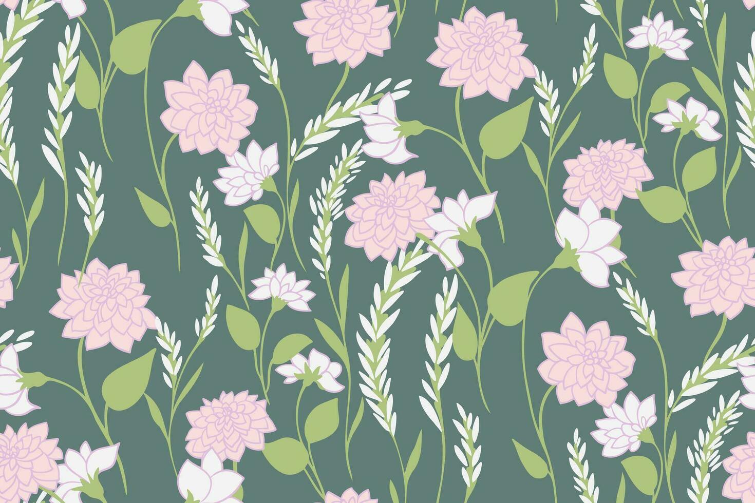 Seamless graphic branches, leaves and ditsy flowers, buds pattern. Vector hand drawn. Abstract artistic floral on a green background. Blooming field meadow in spring or summer. Design for fashion