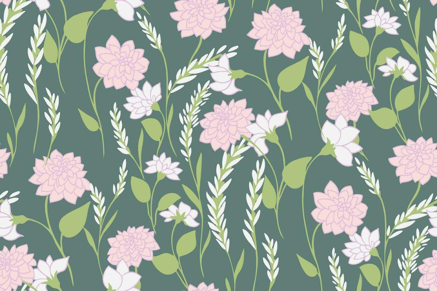 sin costura gráfico sucursales, hojas y ditsy flores, brotes modelo. vector mano dibujado. resumen artístico floral en un verde antecedentes. floreciente campo prado en primavera o verano. diseño para Moda