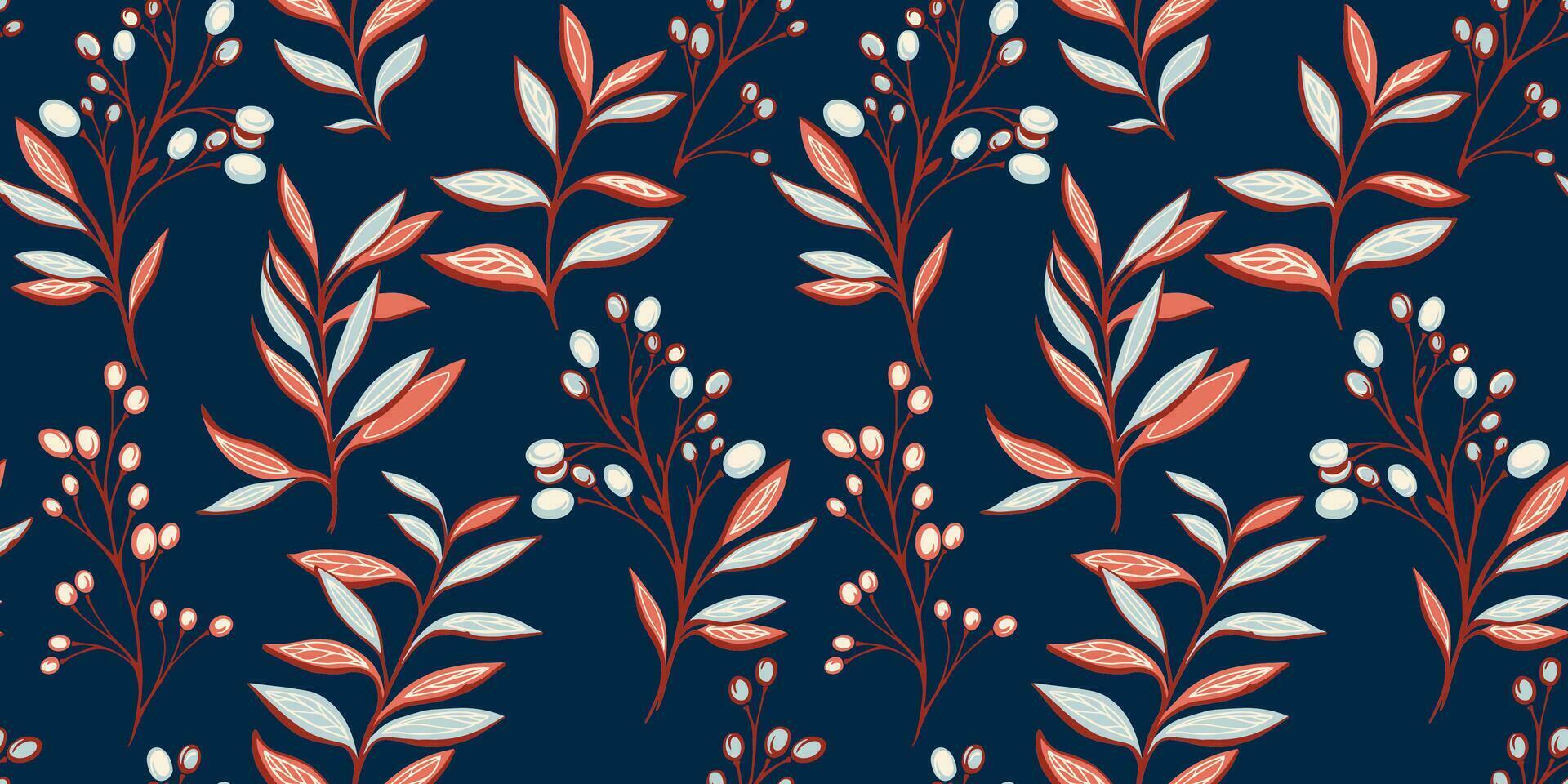 Seamless pattern with abstract, artistic, stylized leaves, branches berries, stems. Vector hand drawn. Monotone creative dark floral leaf print. Template for design