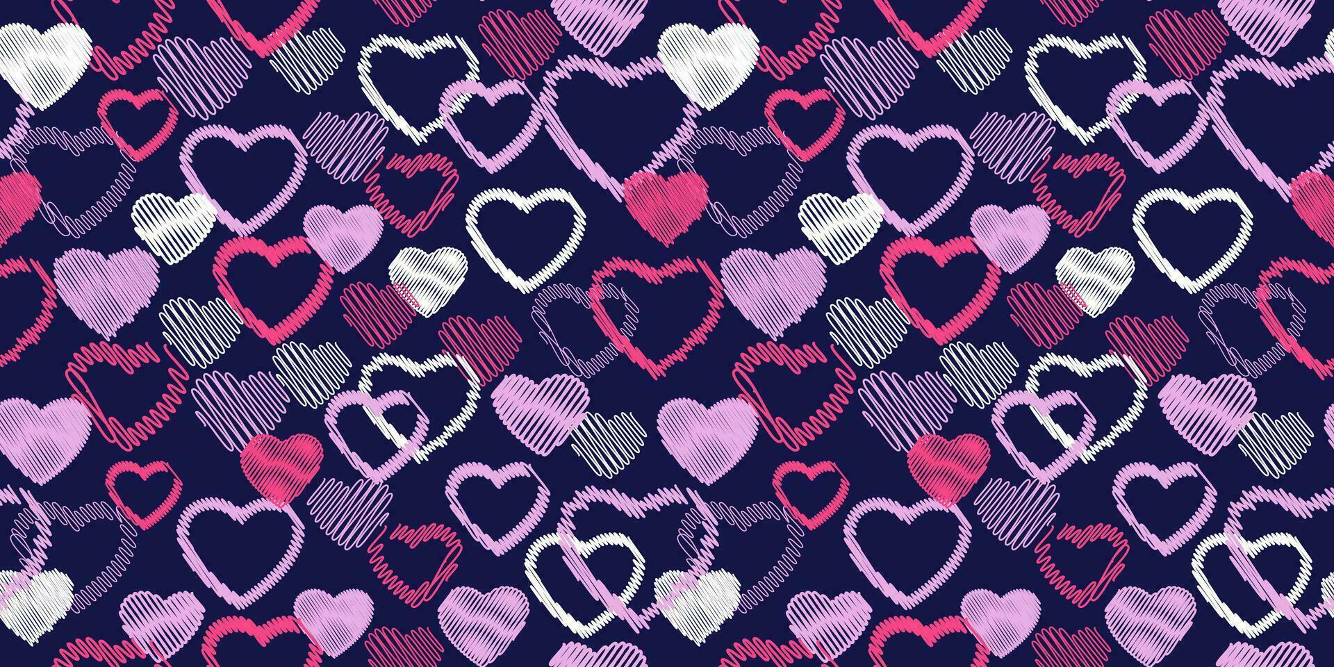 Seamless colorful pattern with vector hand drawn sketch shape hearts. Print with set texture pink heart silhouettes. Valentine, love dark background. Design for textile, fashion, fabric